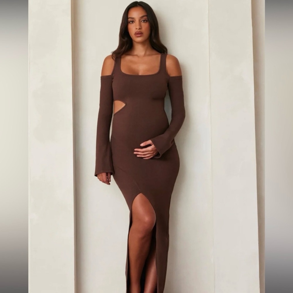 Bumpsuit The Sculpting Rib Long Sleeve Cut-Out Brown‎ Maxi Dress